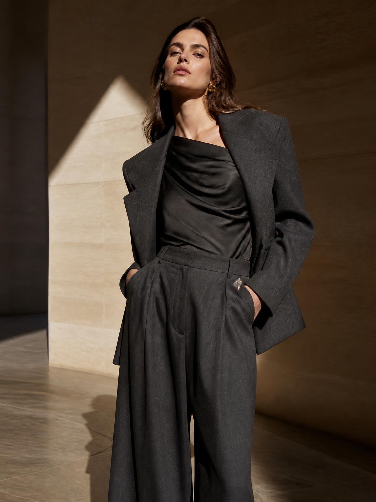 Modern charcoal tailoring from the Victoria Sol Luna campaign